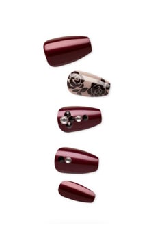 Press No Glue Mani Press On Nails, Imm25, Laced'Up, Rose, Medium Size, Almond Shape, Includes 30 Nails, Prep Pad, Instructions Sheet, 1 Manicure Stick, 1 Mini File., Burgundy