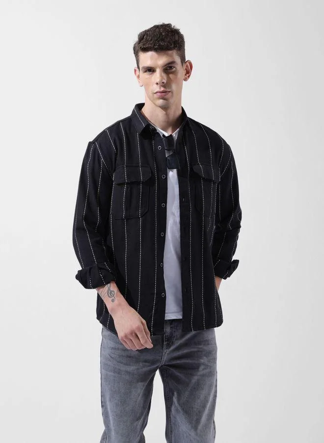 شركة المرآب الهندية Men Relaxed Fit Striped Cutaway Collar Full Sleeves Shirt