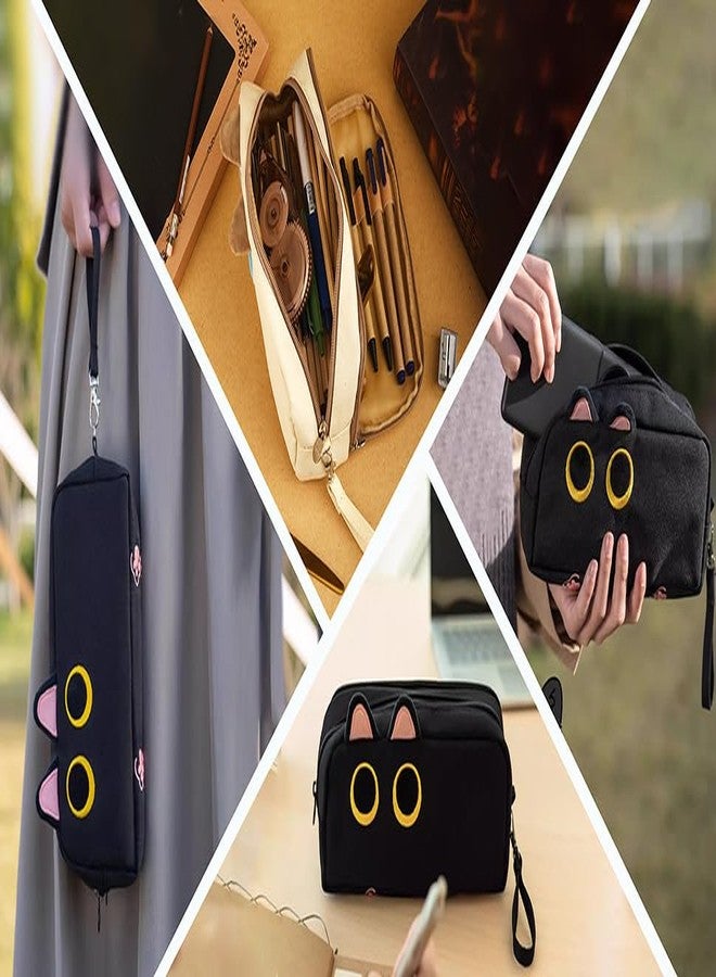 Lanxivi Hongdian Large Capacity Pencil Case Black Color, 3D Cat Pen Bags Pencil Pouch Organizer for Office College School - Image 4