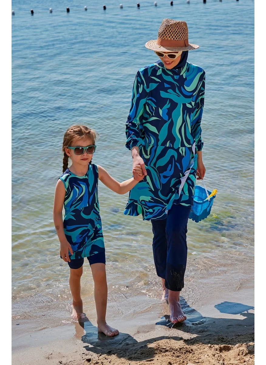 مارينا Skirted Sleeveless Navy Blue Girls Swimsuit K2334