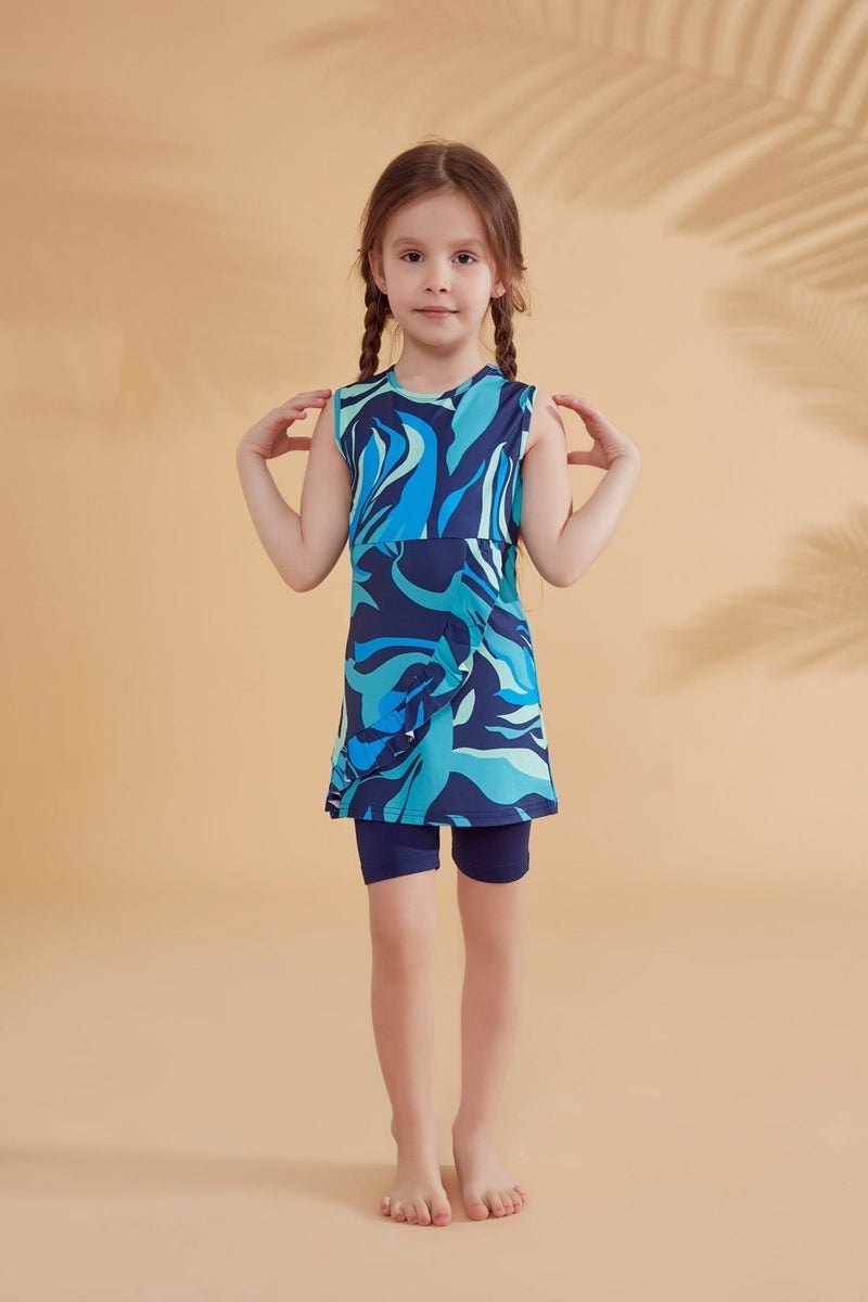 Marina Skirted Sleeveless Navy Blue Girls Swimsuit K2334  - Image 3