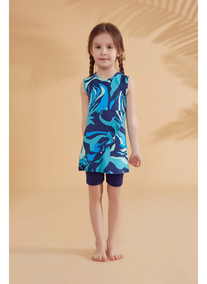مارينا Skirted Sleeveless Navy Blue Girls Swimsuit K2334