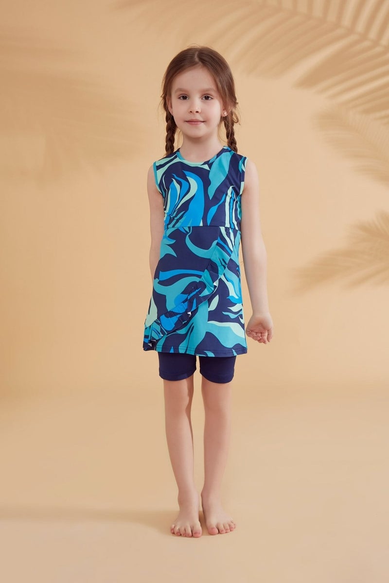 Marina Skirted Sleeveless Navy Blue Girls Swimsuit K2334  - Image 2