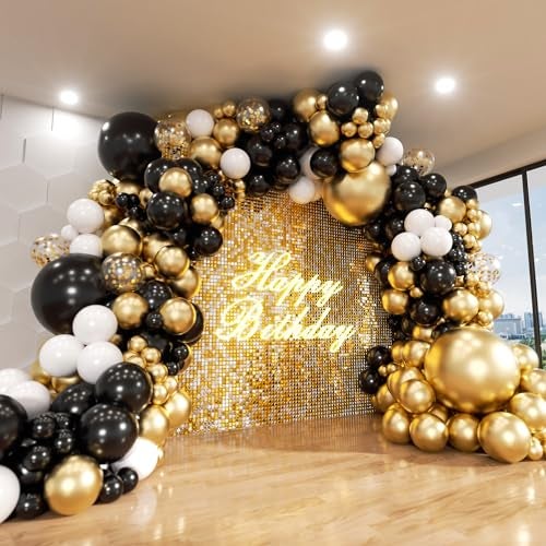 ADOINBY Black and Gold Balloon Arch Kit ADOINBY 140Pcs Black White Metallic Gold Confetti Latex Balloons 18 12 10 5 Inch Different Size Balloons for Birthday Anniversary Graduation Wedding Party Decorations - Image 1