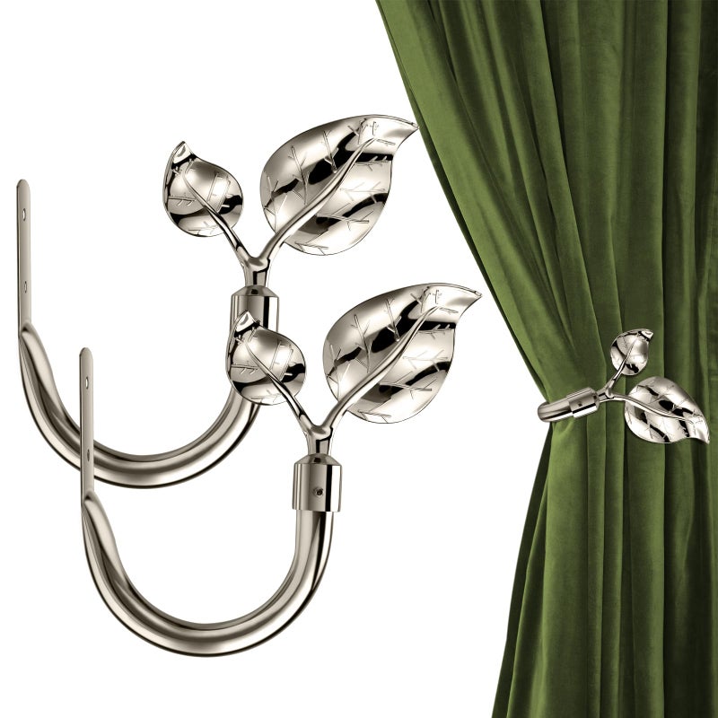 HIKMLK Leaf Shaped Curtain Holdbacks 2pcs Handmade Metal Curtain Side Holders for Wall Antique Brass Curtain Tieback Hook Pull Backs for Drapes Window Home Decoration Nickel