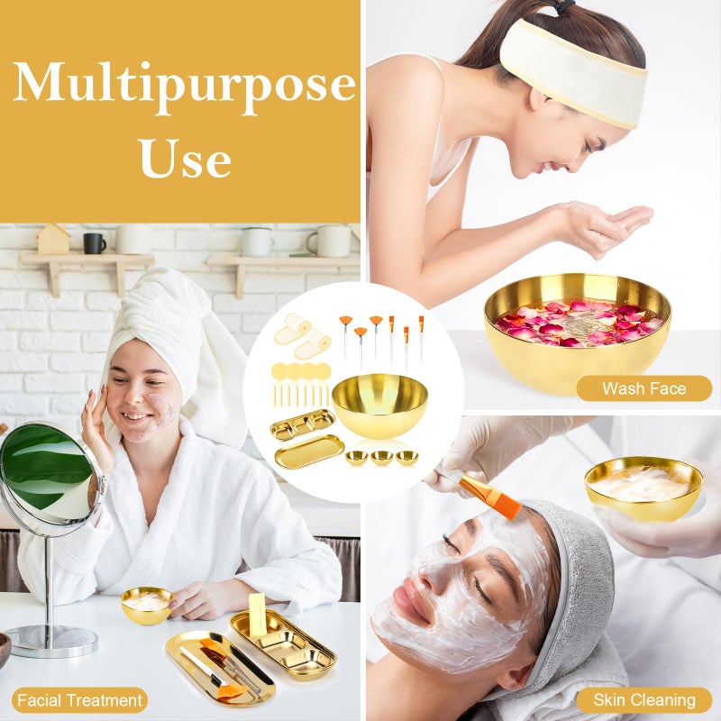 DLUGOPIS 26 Gold Esthetician Supplies 3 Fan Brushes Esthetician 3 Facial Mask Mixing Bowls Large Gold Serving Bowls 3 Facial Flat Brushes Skincare Tray 3-Section Serving Tray 12 Facial Sponges 2 Spa Headbands - Image 4