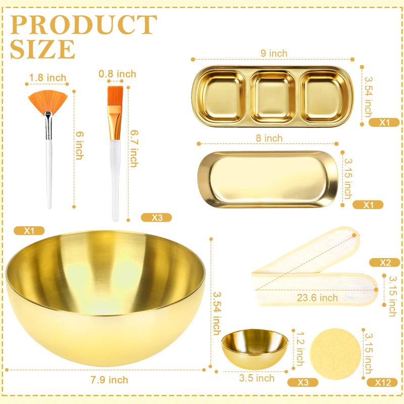 DLUGOPIS 26 Gold Esthetician Supplies 3 Fan Brushes Esthetician 3 Facial Mask Mixing Bowls Large Gold Serving Bowls 3 Facial Flat Brushes Skincare Tray 3-Section Serving Tray 12 Facial Sponges 2 Spa Headbands - Image 2
