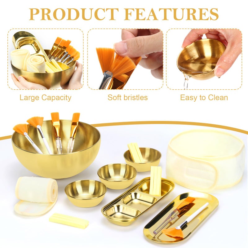 DLUGOPIS 26 Gold Esthetician Supplies 3 Fan Brushes Esthetician 3 Facial Mask Mixing Bowls Large Gold Serving Bowls 3 Facial Flat Brushes Skincare Tray 3-Section Serving Tray 12 Facial Sponges 2 Spa Headbands - Image 3