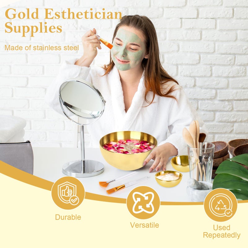 DLUGOPIS 26 Gold Esthetician Supplies 3 Fan Brushes Esthetician 3 Facial Mask Mixing Bowls Large Gold Serving Bowls 3 Facial Flat Brushes Skincare Tray 3-Section Serving Tray 12 Facial Sponges 2 Spa Headbands - Image 5