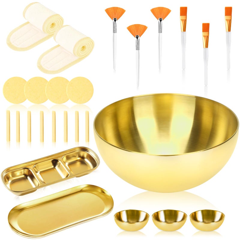 DLUGOPIS 26 Gold Esthetician Supplies 3 Fan Brushes Esthetician 3 Facial Mask Mixing Bowls Large Gold Serving Bowls 3 Facial Flat Brushes Skincare Tray 3-Section Serving Tray 12 Facial Sponges 2 Spa Headbands - Image 1