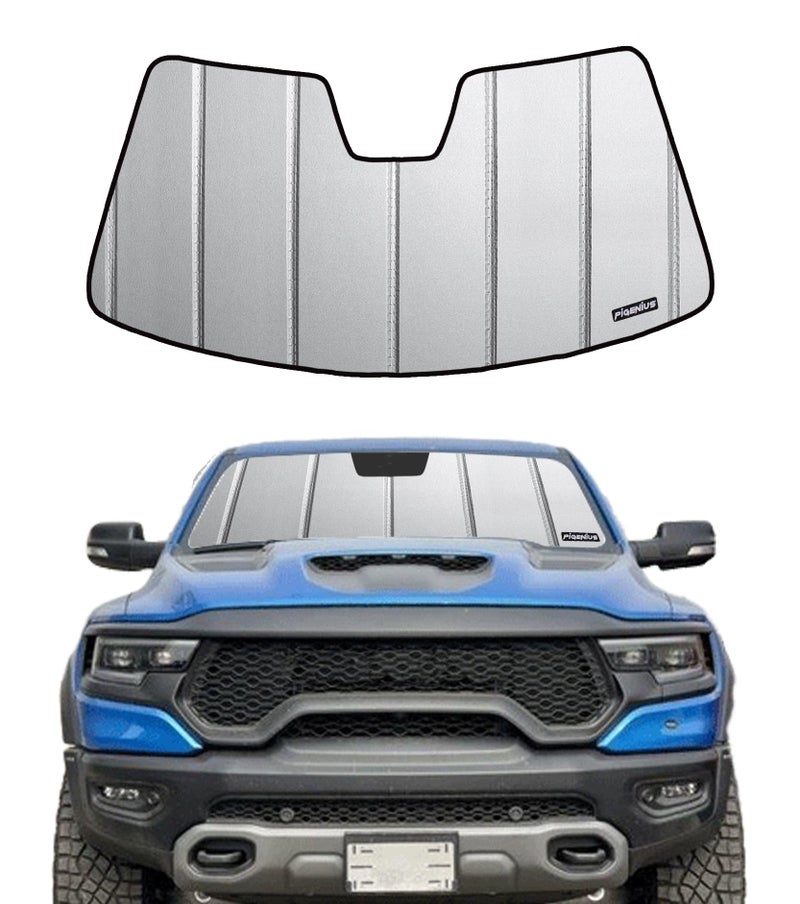 Pigenius Windshield Sun Shade for Ram 1500 20192025 with 5 inch Wide Sensor Front Window Sunshade Safeguard