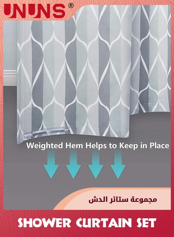 UNUNS مجموعة ستائر الدش، ستارة دش مقاومة للماء وقابلة للغسل مع 12 خطافًا، مجموعات ستائر دش الحمام الرمادية سريعة الجفاف، ستارة حمام طويلة جدًا بحاشية مرجحة، ستارة متينة للحمام، 180 × 180 سم - Image 4