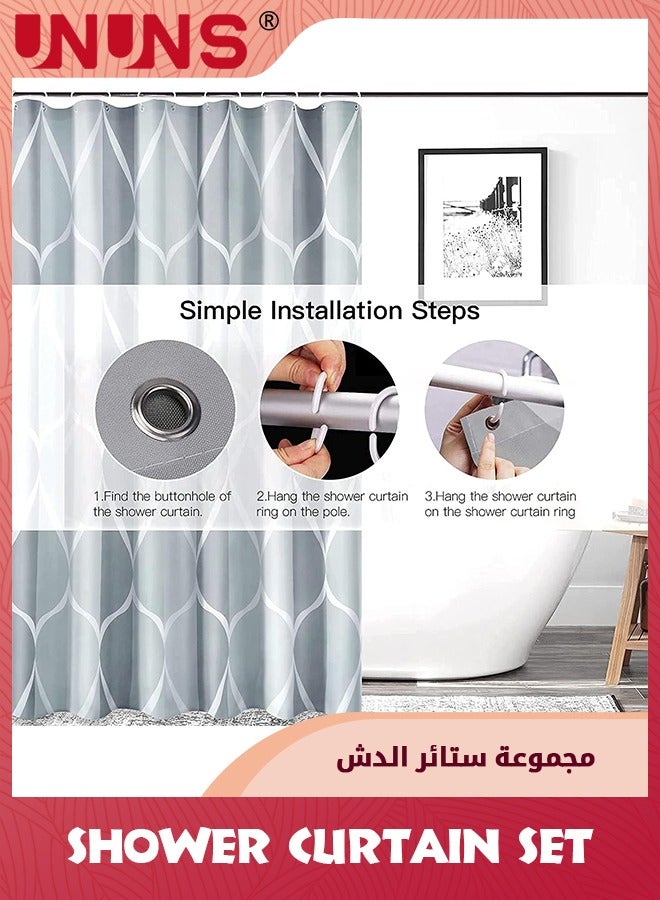 UNUNS مجموعة ستائر الدش، ستارة دش مقاومة للماء وقابلة للغسل مع 12 خطافًا، مجموعات ستائر دش الحمام الرمادية سريعة الجفاف، ستارة حمام طويلة جدًا بحاشية مرجحة، ستارة متينة للحمام، 180 × 180 سم - Image 3