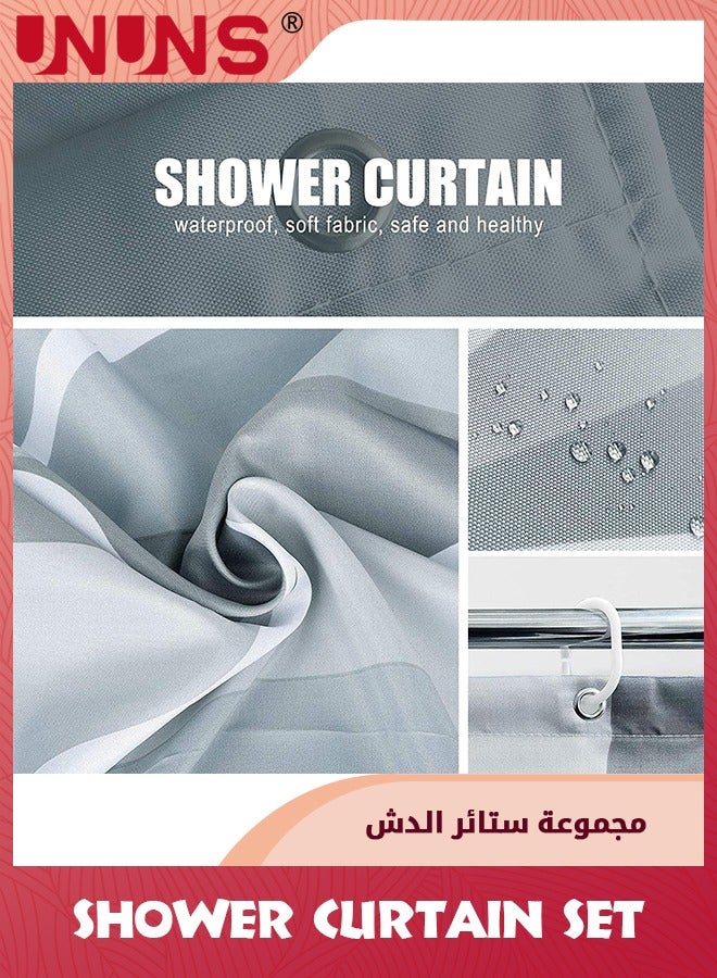 UNUNS مجموعة ستائر الدش، ستارة دش مقاومة للماء وقابلة للغسل مع 12 خطافًا، مجموعات ستائر دش الحمام الرمادية سريعة الجفاف، ستارة حمام طويلة جدًا بحاشية مرجحة، ستارة متينة للحمام، 180 × 180 سم - Image 5