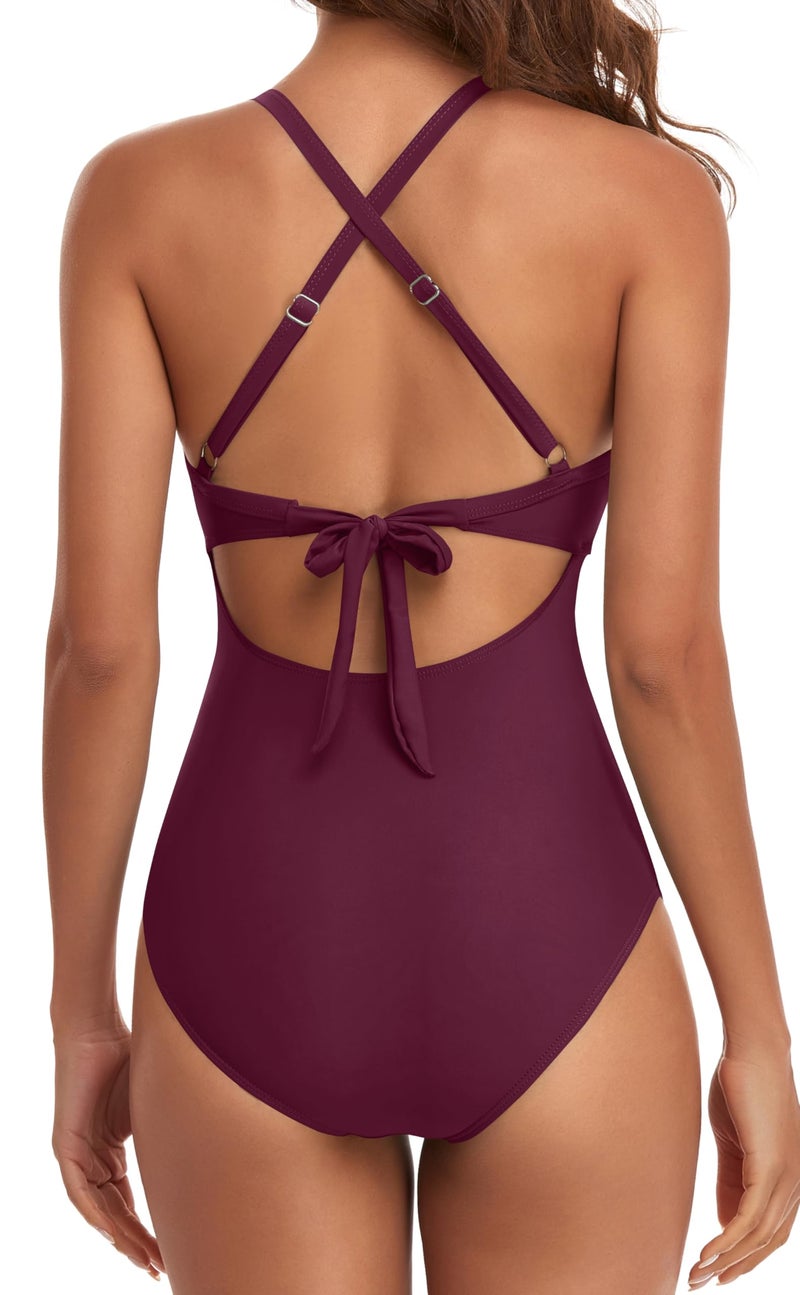 Eomenie Women's One Piece Swimsuits Tummy Control Cutout High Waisted Bathing Suit Wrap Tie Back 1 Piece Swimsuit Purple - Image 2