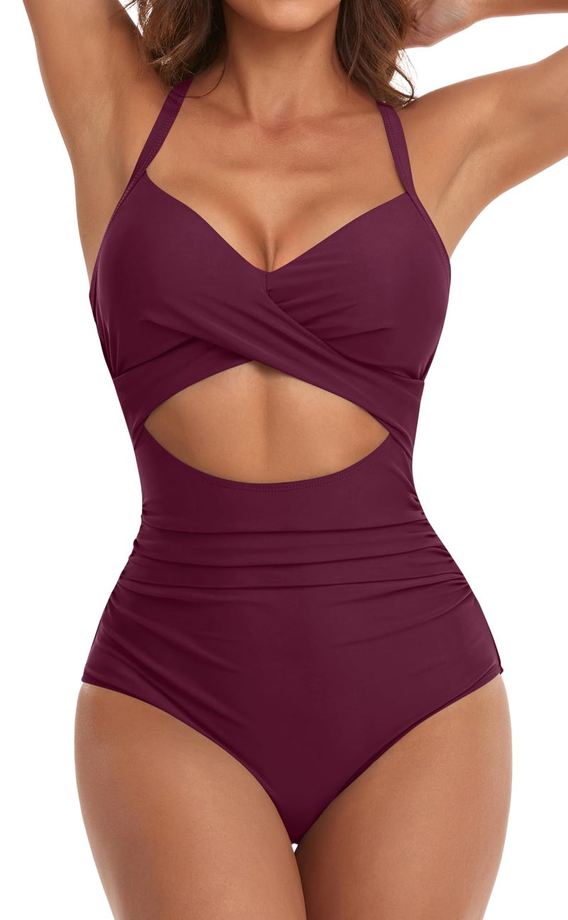 Eomenie Women's One Piece Swimsuits Tummy Control Cutout High Waisted Bathing Suit Wrap Tie Back 1 Piece Swimsuit Purple - Image 1