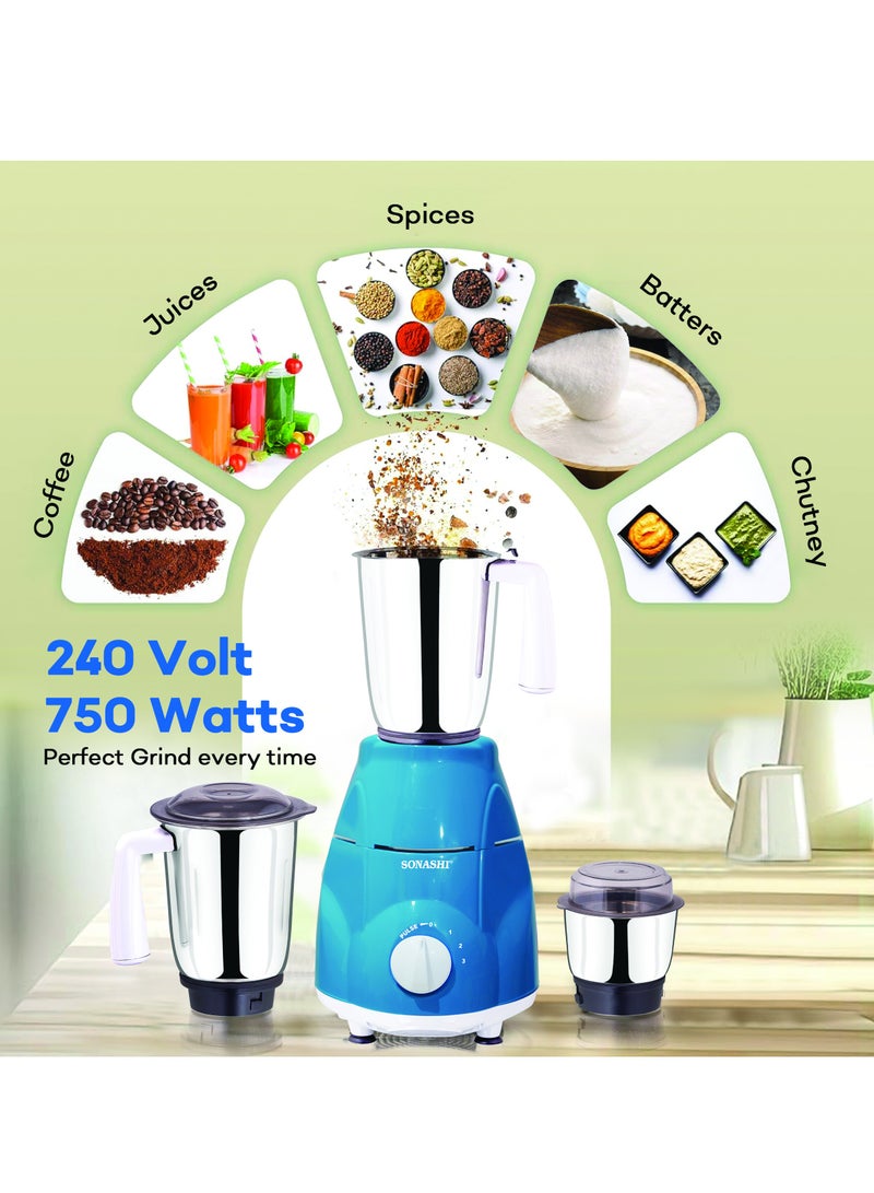 SONASHI 3-in-1 Mixer Grinder - Powerful Motor with 3 Speed Setting and Pulse | Sleek and Stainless Steel Jars with Leak Proof Lid | Perfect for making Smoothies, Milkshakes, and Grinding Beans, Coconut, Nuts, Etc 1.5 L 750 W SB-151SS Blue - Image 4