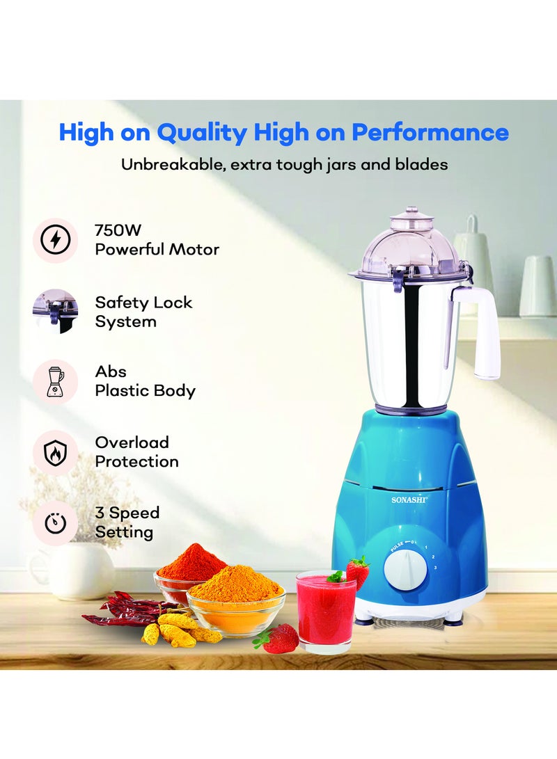 SONASHI 3-in-1 Mixer Grinder - Powerful Motor with 3 Speed Setting and Pulse | Sleek and Stainless Steel Jars with Leak Proof Lid | Perfect for making Smoothies, Milkshakes, and Grinding Beans, Coconut, Nuts, Etc 1.5 L 750 W SB-151SS Blue - Image 2