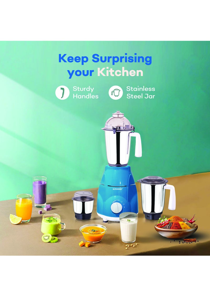 SONASHI 3-in-1 Mixer Grinder - Powerful Motor with 3 Speed Setting and Pulse | Sleek and Stainless Steel Jars with Leak Proof Lid | Perfect for making Smoothies, Milkshakes, and Grinding Beans, Coconut, Nuts, Etc 1.5 L 750 W SB-151SS Blue - Image 5