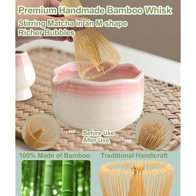Jber Matcha Set Matcha Tea Set 7 Pcs  Bamboo Matcha Whisk Matcha Bowl With Spout Matcha Whisk Holder Sieve Spoon And Holder Japanese Matcha Accessories For Matcha Lover  Gradient Pink - Image 5