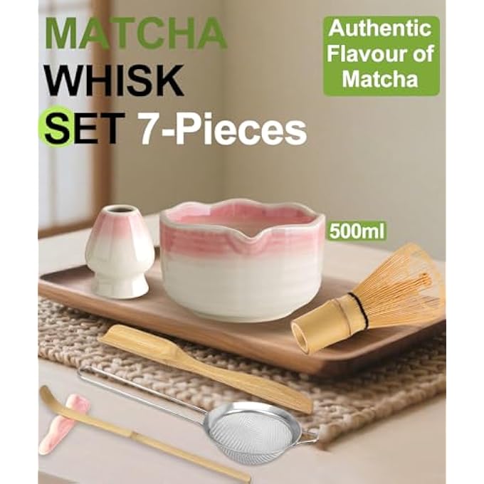 Jber Matcha Set Matcha Tea Set 7 Pcs  Bamboo Matcha Whisk Matcha Bowl With Spout Matcha Whisk Holder Sieve Spoon And Holder Japanese Matcha Accessories For Matcha Lover  Gradient Pink - Image 3