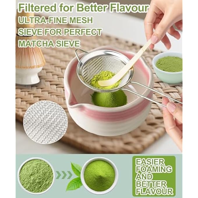 Jber Matcha Set Matcha Tea Set 7 Pcs  Bamboo Matcha Whisk Matcha Bowl With Spout Matcha Whisk Holder Sieve Spoon And Holder Japanese Matcha Accessories For Matcha Lover  Gradient Pink - Image 4