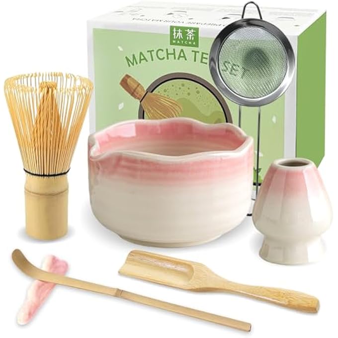 Jber Matcha Set Matcha Tea Set 7 Pcs  Bamboo Matcha Whisk Matcha Bowl With Spout Matcha Whisk Holder Sieve Spoon And Holder Japanese Matcha Accessories For Matcha Lover  Gradient Pink - Image 1