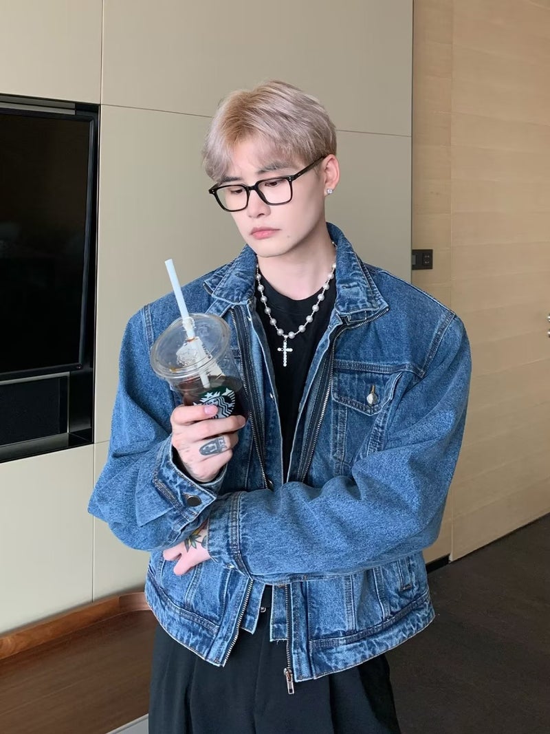 Mens Denim Jacket 2024 Spring and Autumn New Jacket Korean Fashionable Loose Casual Mens Top Jacket Blue 