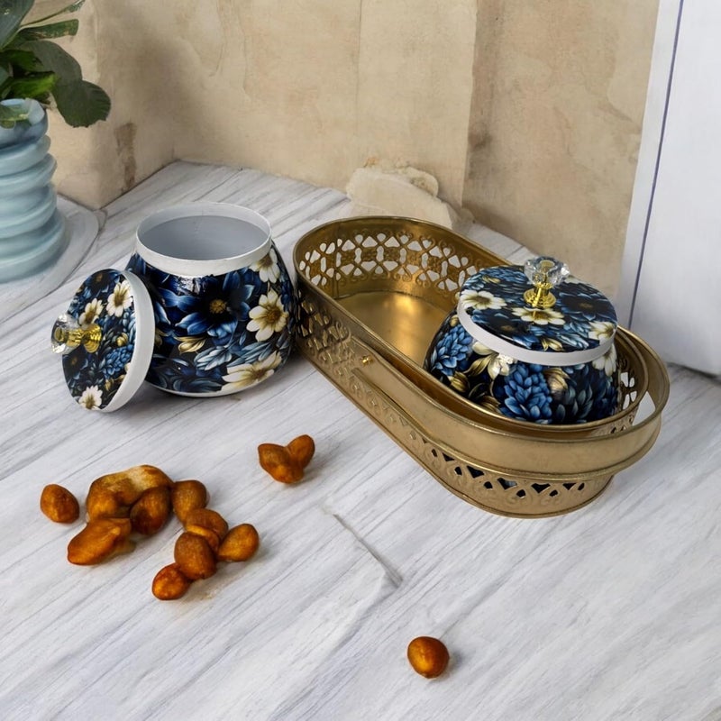 COOPTIC Elegant Dual Jar Set with Decorative Golden Basket | Handcrafted Iron Holder Featuring Traditional Art | Ideal for Kitchen Storage, Gifts & Festive Home Décor (Blue-White-Flower) - Image 2