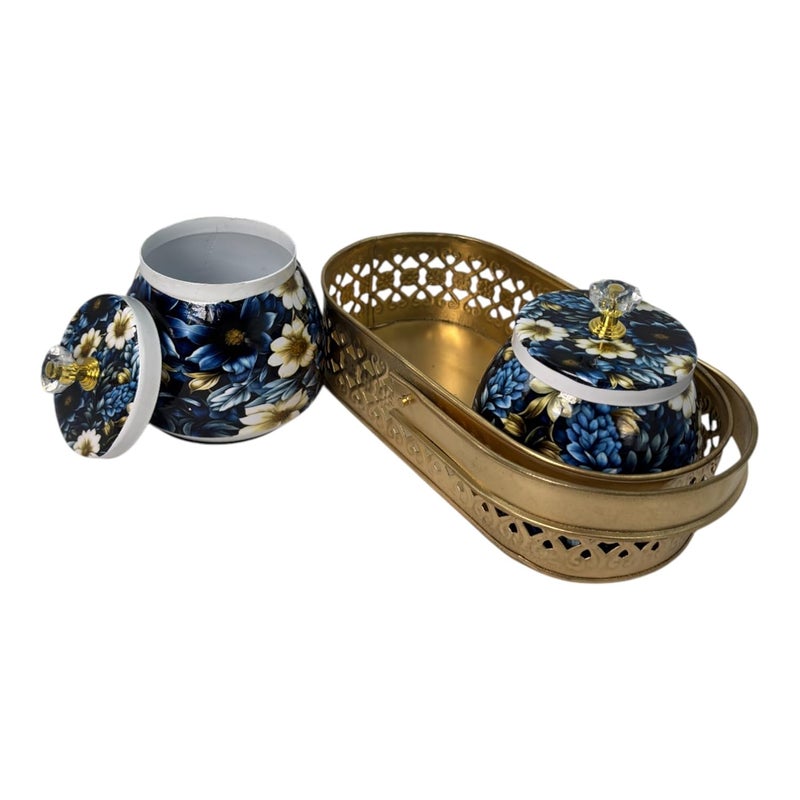 COOPTIC Elegant Dual Jar Set with Decorative Golden Basket | Handcrafted Iron Holder Featuring Traditional Art | Ideal for Kitchen Storage, Gifts & Festive Home Décor (Blue-White-Flower) - Image 5