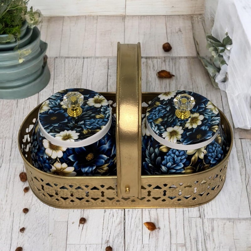 COOPTIC Elegant Dual Jar Set with Decorative Golden Basket | Handcrafted Iron Holder Featuring Traditional Art | Ideal for Kitchen Storage, Gifts & Festive Home Décor (Blue-White-Flower) - Image 1