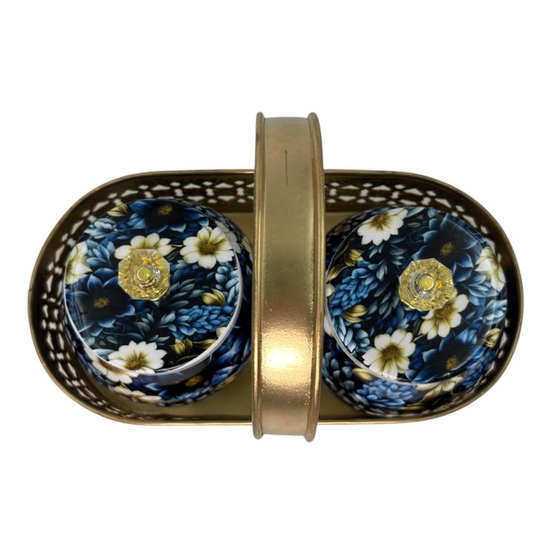 COOPTIC Elegant Dual Jar Set with Decorative Golden Basket | Handcrafted Iron Holder Featuring Traditional Art | Ideal for Kitchen Storage, Gifts & Festive Home Décor (Blue-White-Flower) - Image 3