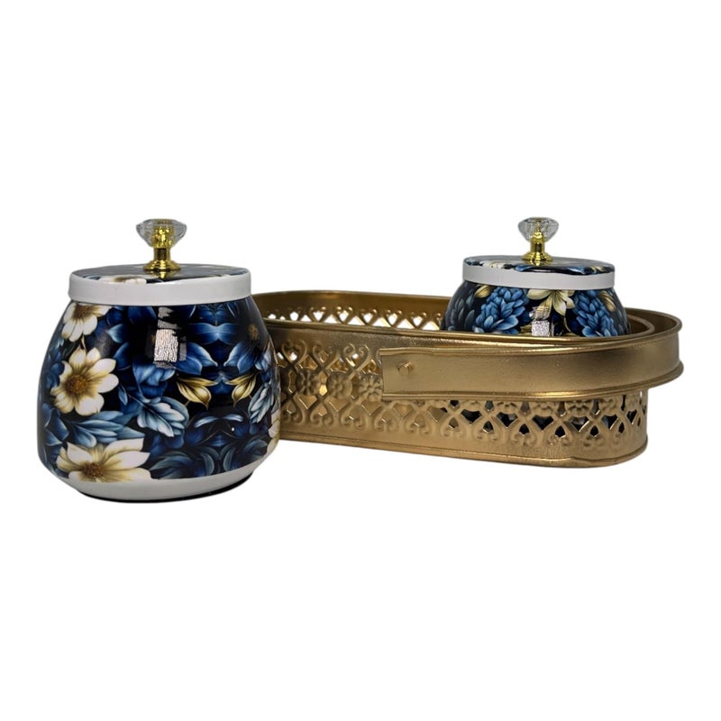 COOPTIC Elegant Dual Jar Set with Decorative Golden Basket | Handcrafted Iron Holder Featuring Traditional Art | Ideal for Kitchen Storage, Gifts & Festive Home Décor (Blue-White-Flower) - Image 4
