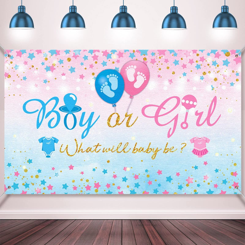 Tatuo Gender Reveal Background Boy or Girl Backdrop Blue Pink Gender Reveal Party What Will Baby Be Banner Baby Shower Photography Photo Booth, 70.8 x 43.3 Inch - Image 1