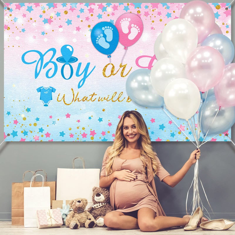 Tatuo Gender Reveal Background Boy or Girl Backdrop Blue Pink Gender Reveal Party What Will Baby Be Banner Baby Shower Photography Photo Booth, 70.8 x 43.3 Inch - Image 5