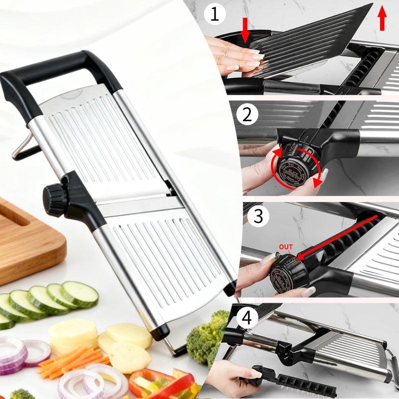 WELTONHM Mandoline Slicer, Adjustable Mandoline Slicer for Kitchen, Stainless Steel Mandolin Vegetable Chopper for Potato, Julienne Cutter with Cut-Resistant Gloves, Black - Image 4