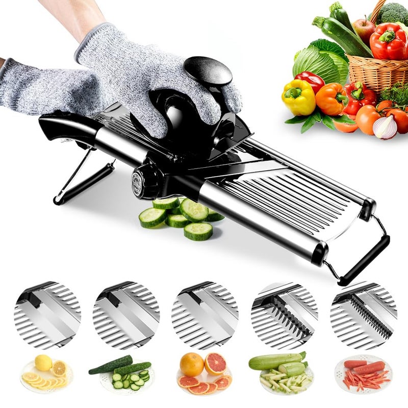 WELTONHM Mandoline Slicer, Adjustable Mandoline Slicer for Kitchen, Stainless Steel Mandolin Vegetable Chopper for Potato, Julienne Cutter with Cut-Resistant Gloves, Black - Image 1