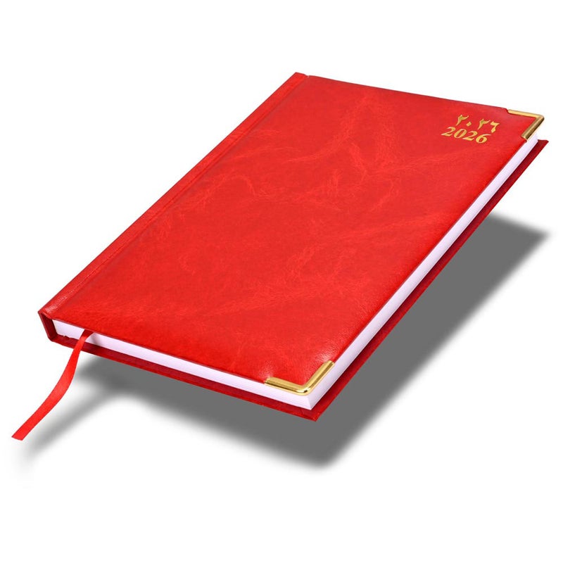 FIS 2026 Diary, A5 Size 148x210mm, 1 Side Padded Vinyl Cover, Gold Round Corners, 1 Day a Page with Saturday & Sunday Combined, Arabic/English, 60gsm - Image 1