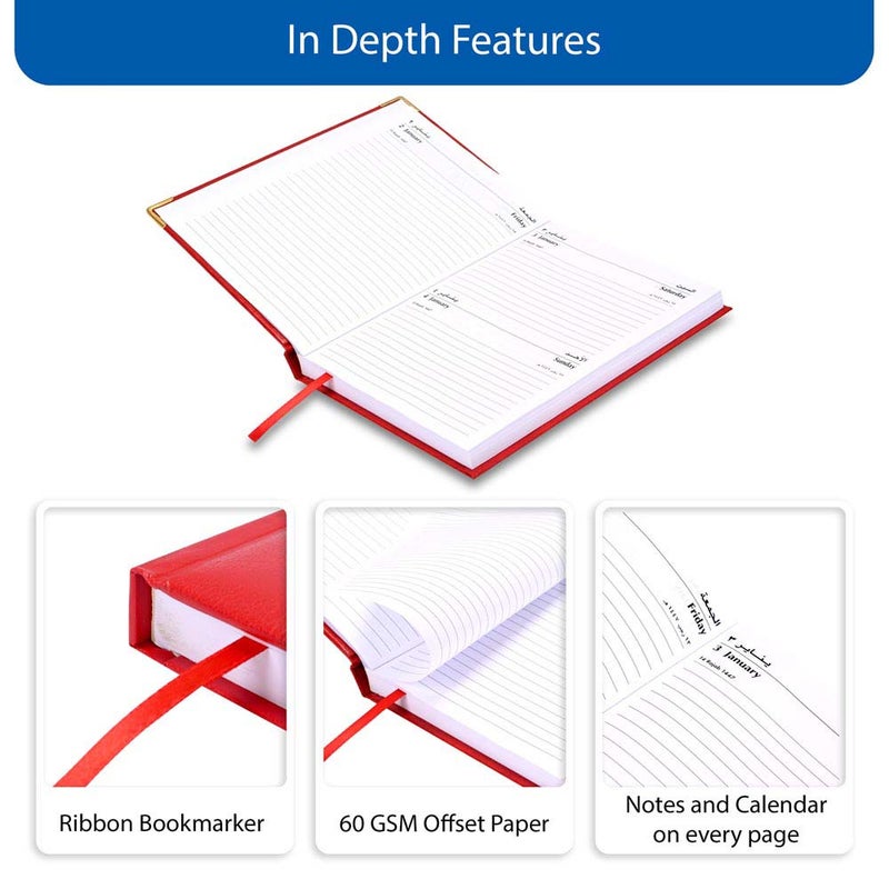 FIS 2026 Diary, A5 Size 148x210mm, 1 Side Padded Vinyl Cover, Gold Round Corners, 1 Day a Page with Saturday & Sunday Combined, Arabic/English, 60gsm - Image 5