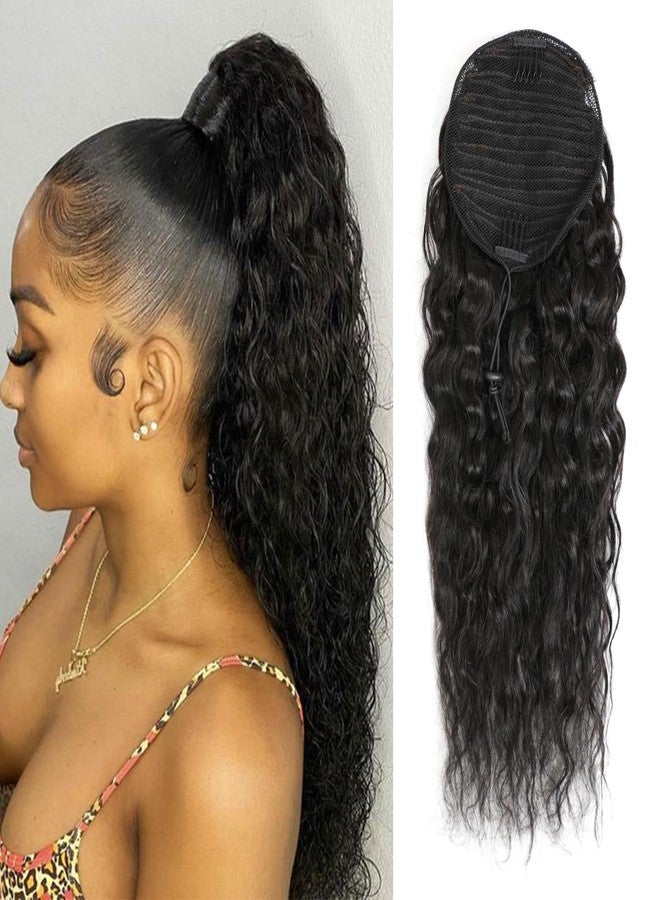 Adette 100% Human Hair Drawstring Ponytail Extension Water Wave in Natural Color 1B Corn Wave Ponytail Clip in Extensions for Black Women (20 Inch) - Image 1