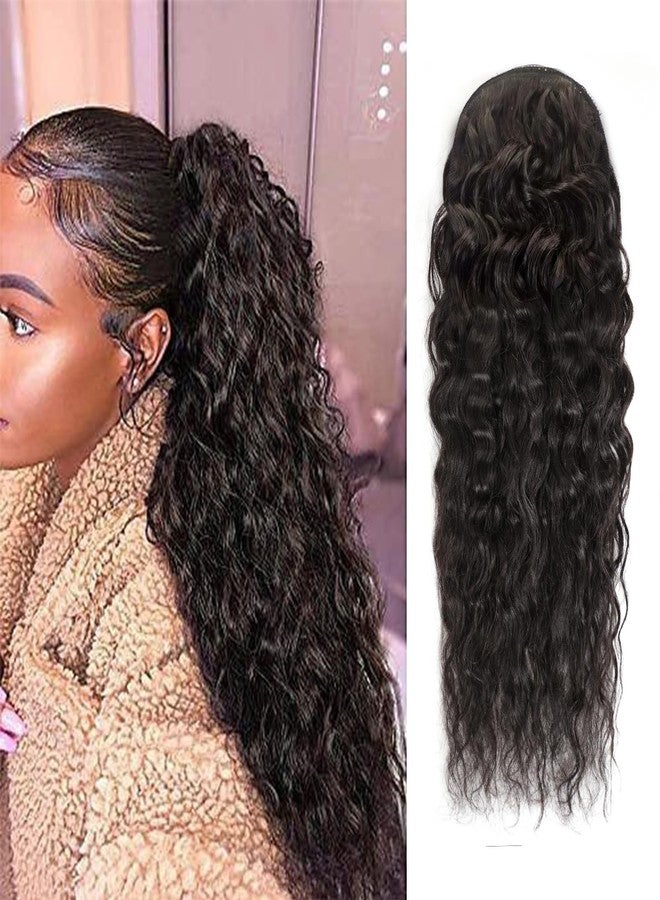 Adette 100% Human Hair Drawstring Ponytail Extension Water Wave in Natural Color 1B Corn Wave Ponytail Clip in Extensions for Black Women (20 Inch) - Image 3