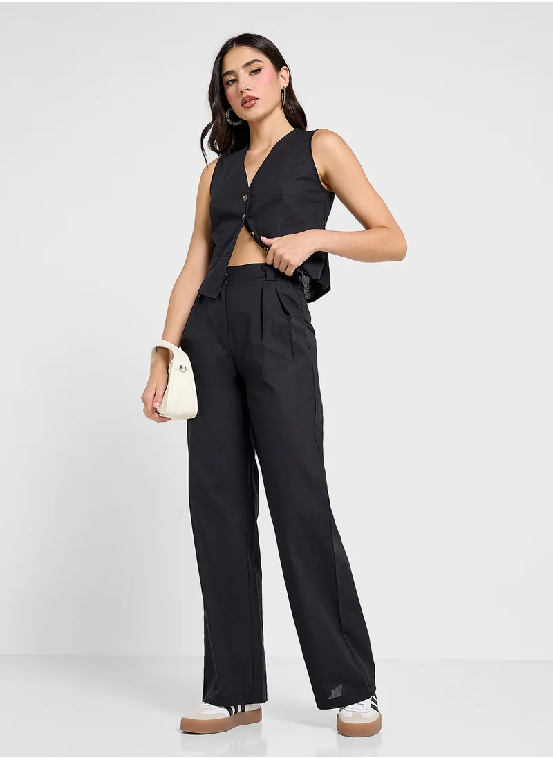 جينجر Cotton Button Up Vest & Wide Leg Pant Co-Ord Set