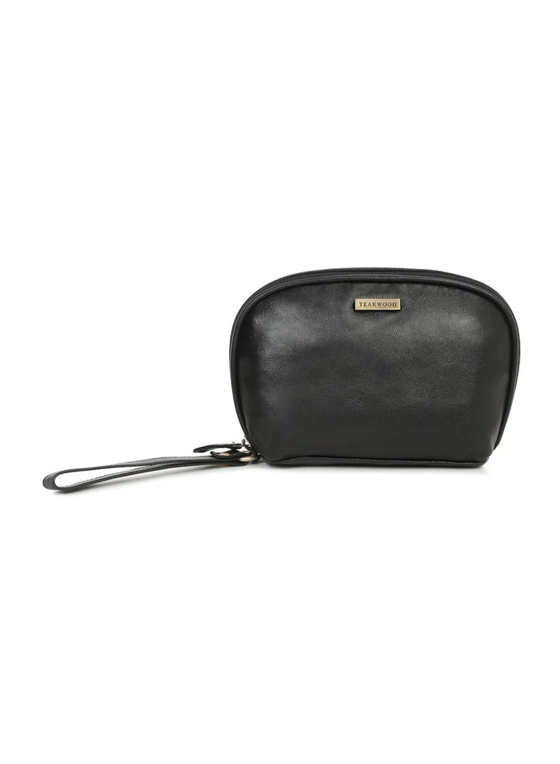 Teakwood  Teakwood Essentials Genuine Leather Travel Toiletry Bag | Large Capacity Cosmetic & Grooming Organizer | Dual Zipper Compartments | Inner Pocket | Durable Wrist Strap | Multipurpose Shaving, Makeup & Travel Kit for Men & Women | Black  | Best Price UAE