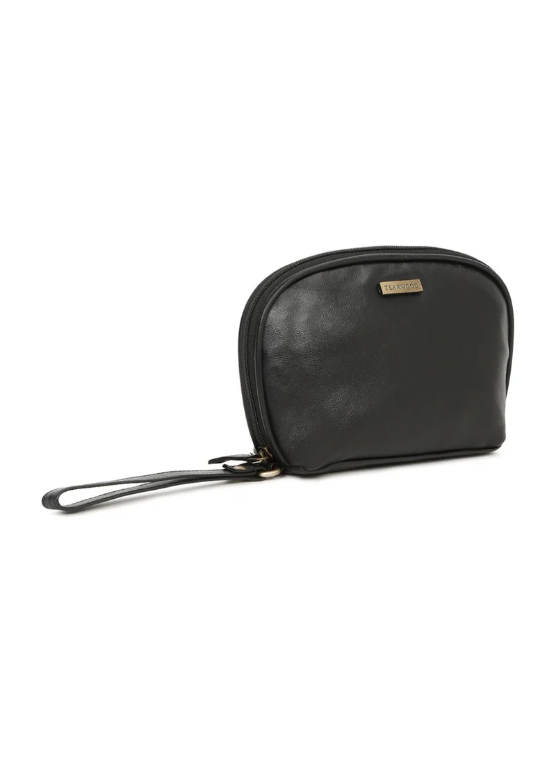 Teakwood  Teakwood Essentials Genuine Leather Travel Toiletry Bag | Large Capacity Cosmetic & Grooming Organizer | Dual Zipper Compartments | Inner Pocket | Durable Wrist Strap | Multipurpose Shaving, Makeup & Travel Kit for Men & Women | Black  | Best Price UAE