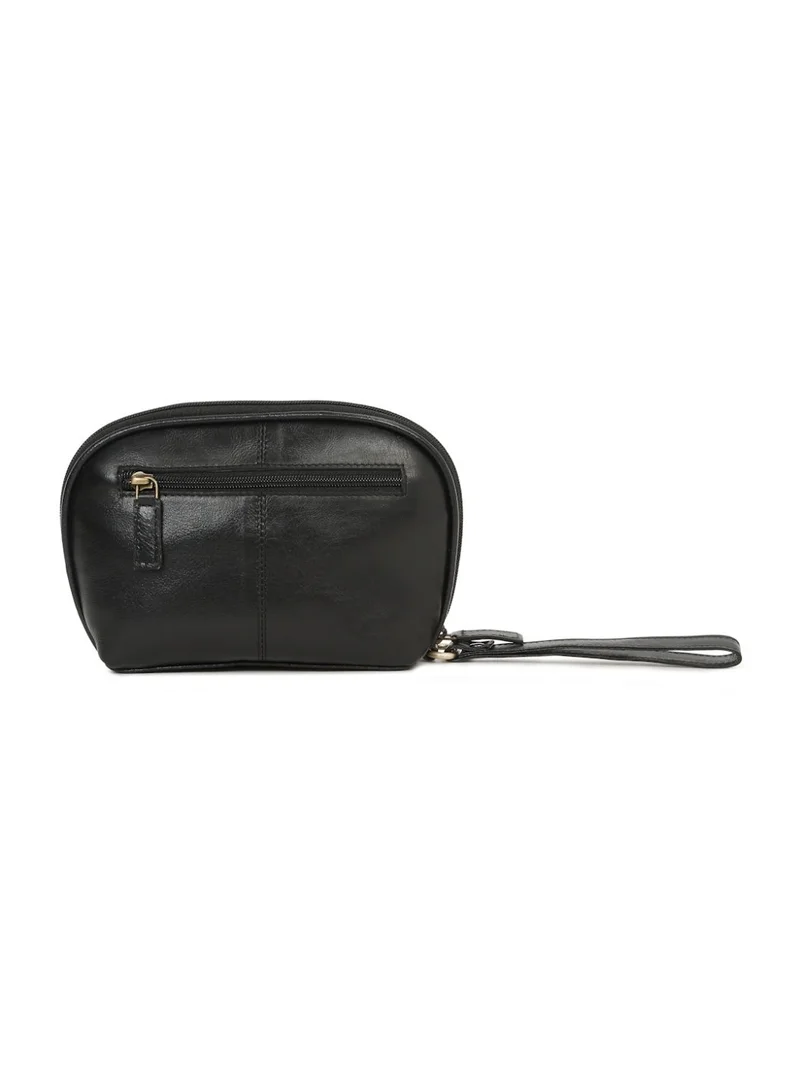Teakwood  Teakwood Essentials Genuine Leather Travel Toiletry Bag | Large Capacity Cosmetic & Grooming Organizer | Dual Zipper Compartments | Inner Pocket | Durable Wrist Strap | Multipurpose Shaving, Makeup & Travel Kit for Men & Women | Black  | Best Price UAE