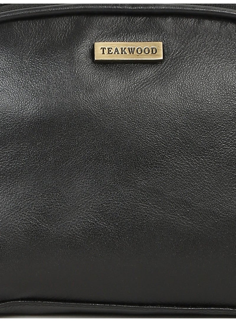 Teakwood Essentials Genuine Leather Travel Toiletry Bag | Large Capacity Cosmetic & Grooming Organizer | Dual Zipper Compartments | Inner Pocket | Durable Wrist Strap | Multipurpose Shaving, Makeup & Travel Kit for Men & Women | Black - Image 3
