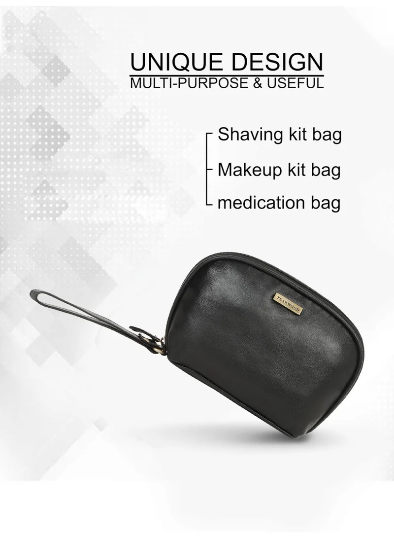 Teakwood  Teakwood Essentials Genuine Leather Travel Toiletry Bag | Large Capacity Cosmetic & Grooming Organizer | Dual Zipper Compartments | Inner Pocket | Durable Wrist Strap | Multipurpose Shaving, Makeup & Travel Kit for Men & Women | Black  | Best Price UAE