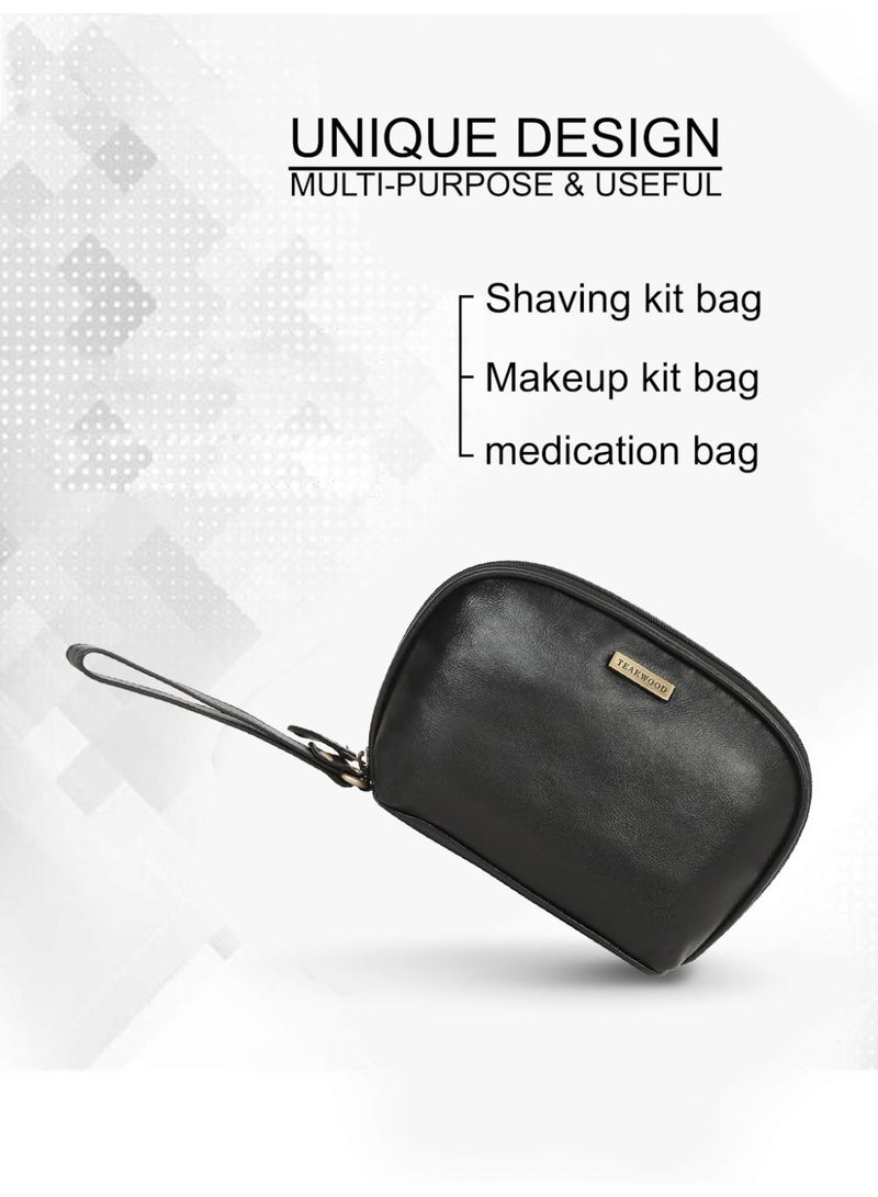 Teakwood Essentials Genuine Leather Travel Toiletry Bag | Large Capacity Cosmetic & Grooming Organizer | Dual Zipper Compartments | Inner Pocket | Durable Wrist Strap | Multipurpose Shaving, Makeup & Travel Kit for Men & Women | Black - Image 5