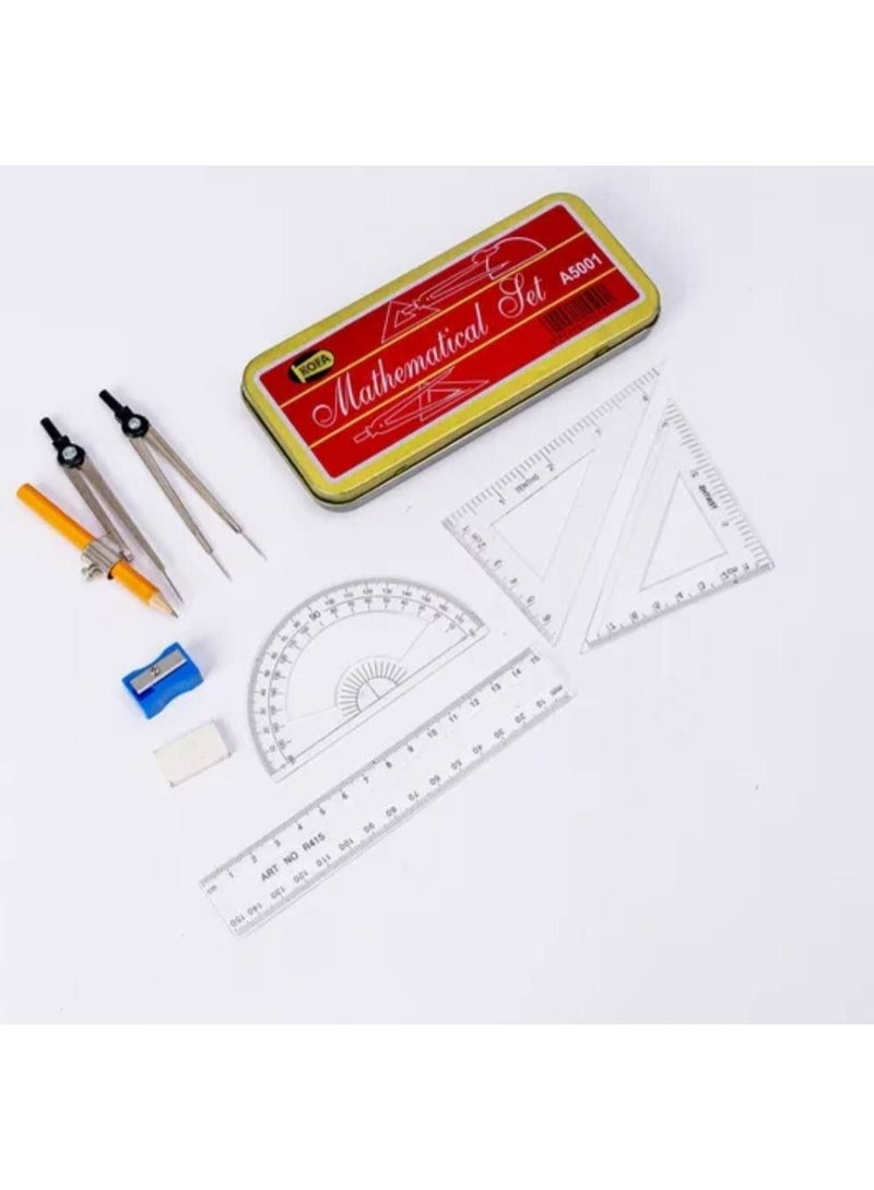 Geometry set stand with metal tin box, including compass, pencil, ruler, eraser, and sharpener. Box contains 8 pieces. - Image 1