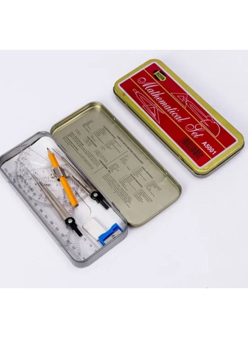 Geometry set stand with metal tin box, including compass, pencil, ruler, eraser, and sharpener. Box contains 8 pieces. - Image 2